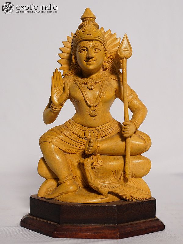 9" Wood Statue Of Lord Murugan Seated On Asana | Handmade White Wood Figurine