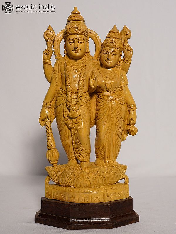 14" Wood Statue Of Lakshmi And Narayan | Handmade White Wood Figurine