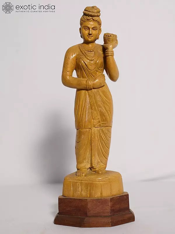 13" Statue Of Standing Lady With Base | Handmade White Wood Figurine