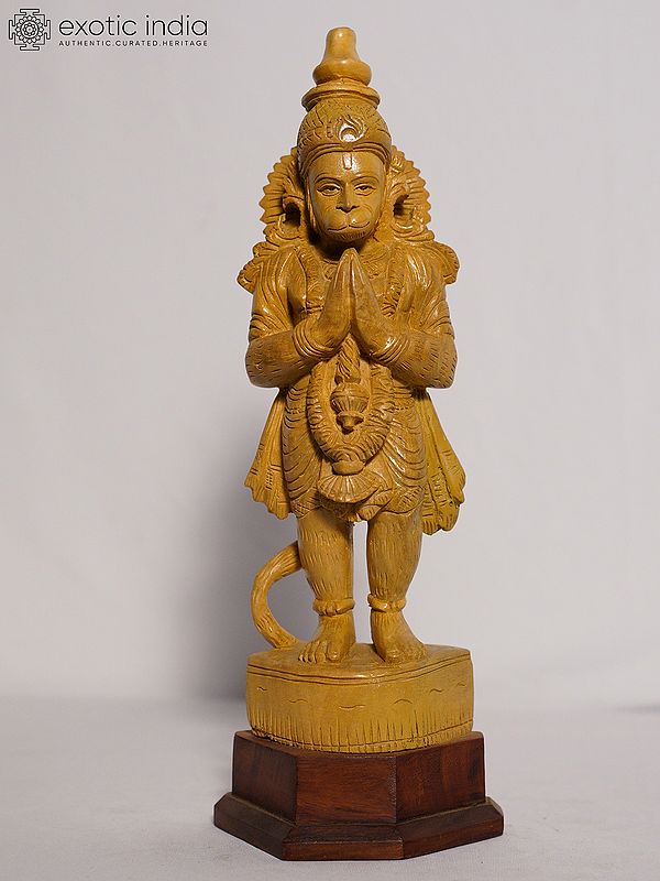 14" Lord Hanuman Standing In Namaskar Posture | Handmade White Wood Figurine