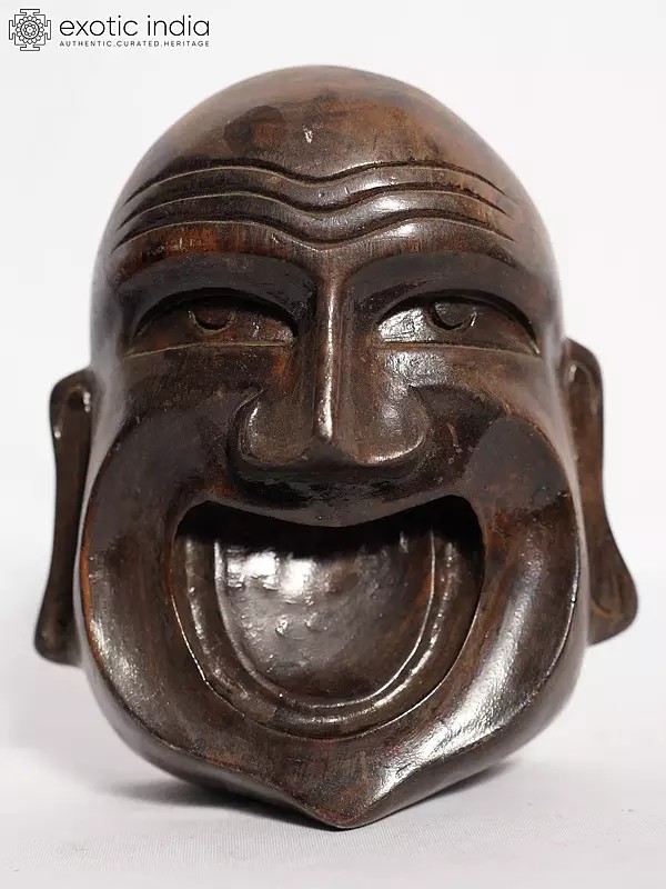 8" The Face Mask Of Laughing Buddha | Handmade White Wood Figurine