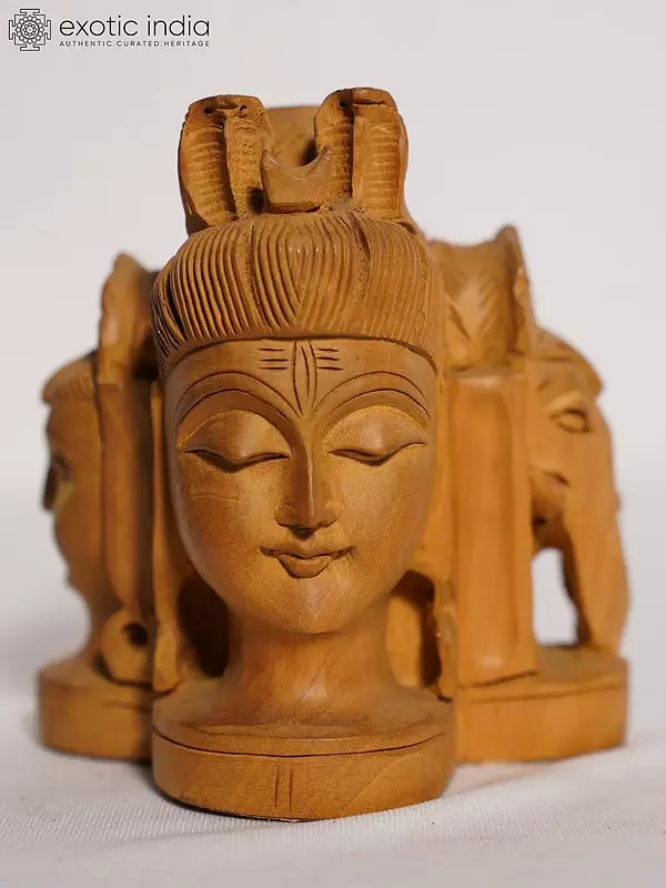 5" Small Three Heads Bust Of Lord Shiva, Ganesha And Kartikeya | Handmade Rosewood Figurine