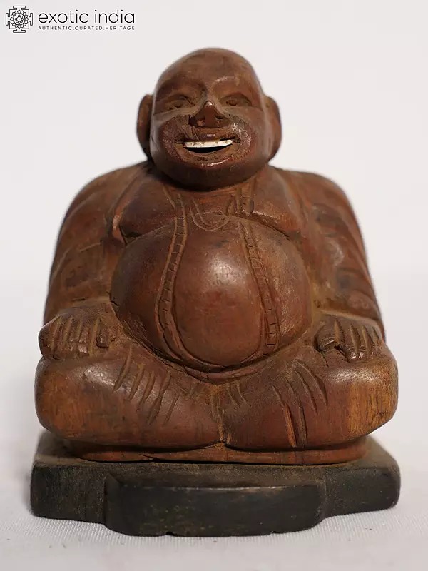 5" Laughing Buddha Figurine In Wood | Handmade Rosewood Figurine