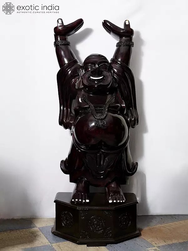 60" Laughing Buddha Standing On Designer Base | Handmade Rosewood Figurine