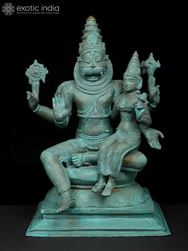 13" Sitting Lord Narasimha with Goddess Lakshmi | Madhuchista Vidhana (Lost-Wax) | Panchaloha Bronze from Swamimalai