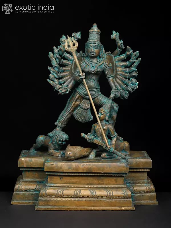 14" Eighteen Armed Goddess Mahishasuramardini (Goddess Durga) | Madhuchista Vidhana (Lost-Wax) | Panchaloha Bronze from Swamimalai