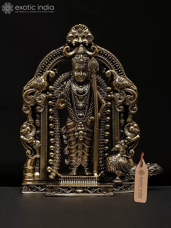 5" Small Superfine Standing Lord Murugan (Karttikeya) with Beautiful Kirtimukha Prabhavali | Brass Statue