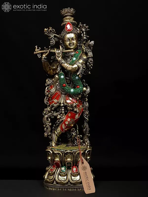 12" Superfine Lord Krishna Playing Flute | Brass Statue with Inlay Work