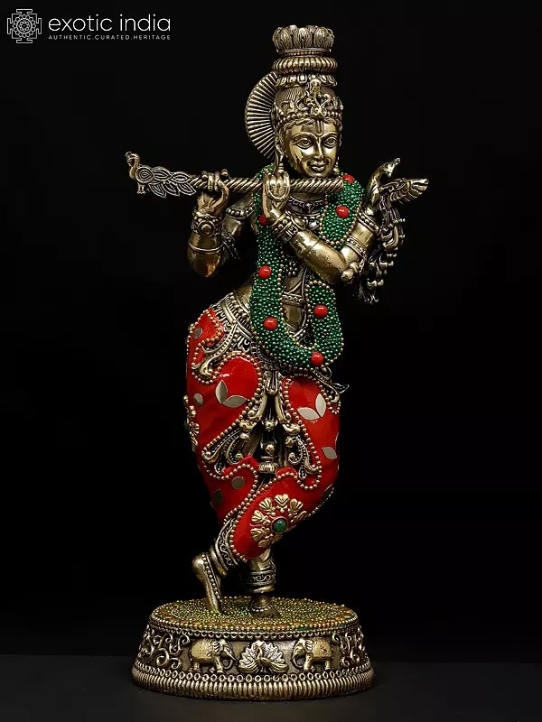 9" Superfine Fluting Lord Krishna | Brass Statue with Inlay Work
