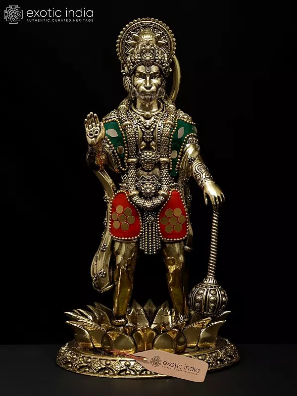 8" Superfine Standing Mahabali Hanuman in Blessing Gesture | Brass Statue with Inlay Work