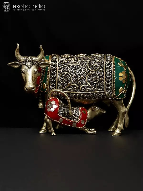 6" Small Superfine Cow and Calf Statue in Brass | Handmade | Made In India
