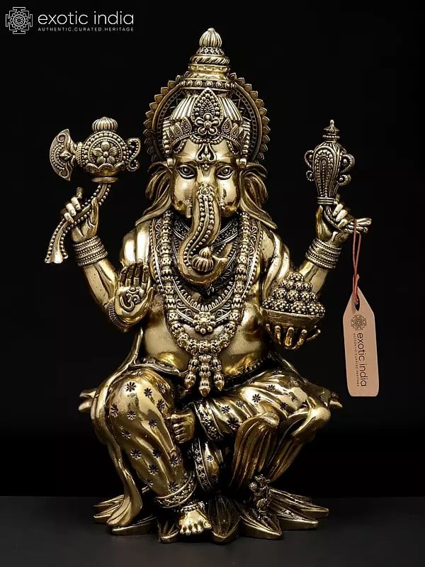 10" Superfine Four Armed Blessing Lord Ganesha Seated on Lotus | Brass Statue