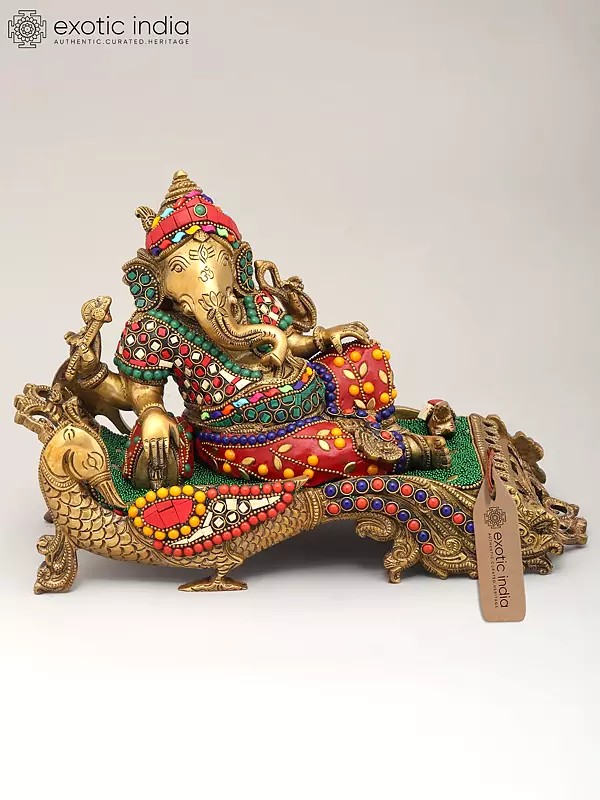 11" Relaxing Lord Ganesha | Brass Statue with Inlay Work