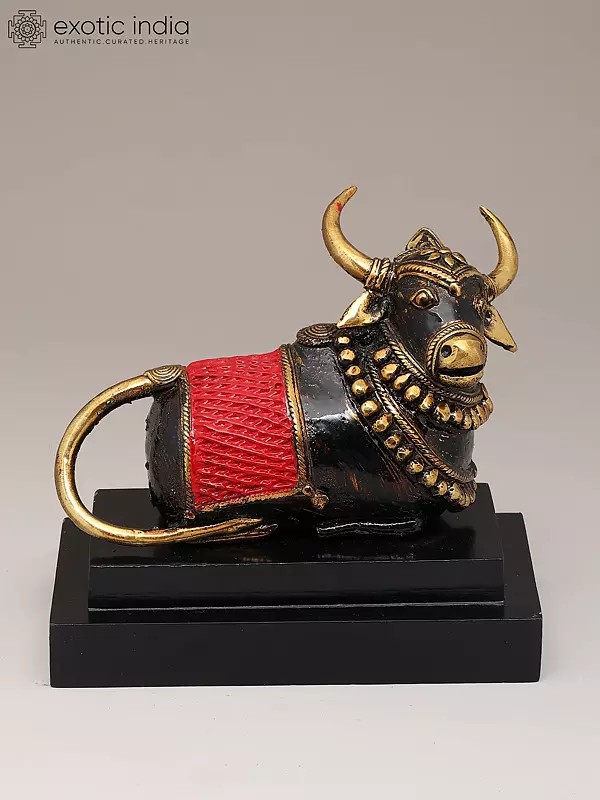 7" Nandi on Wood Base | Dhokra Art | Brass Statue