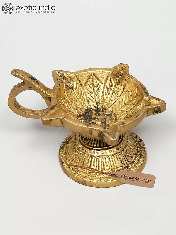 4" Small Brass Five Wicks Handheld Diya (Oil Lamp) | Handmade | Made In Ind