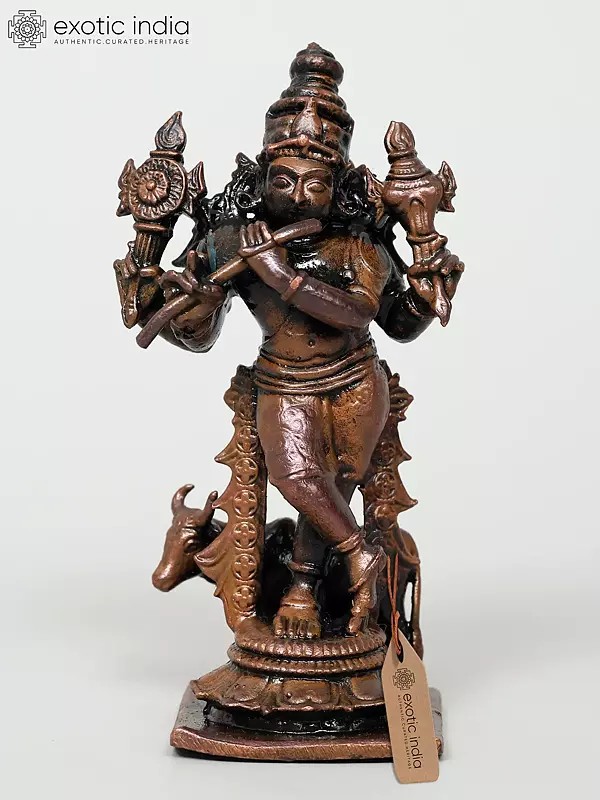 Small Copper Statue Shri Krishna Playing Flute