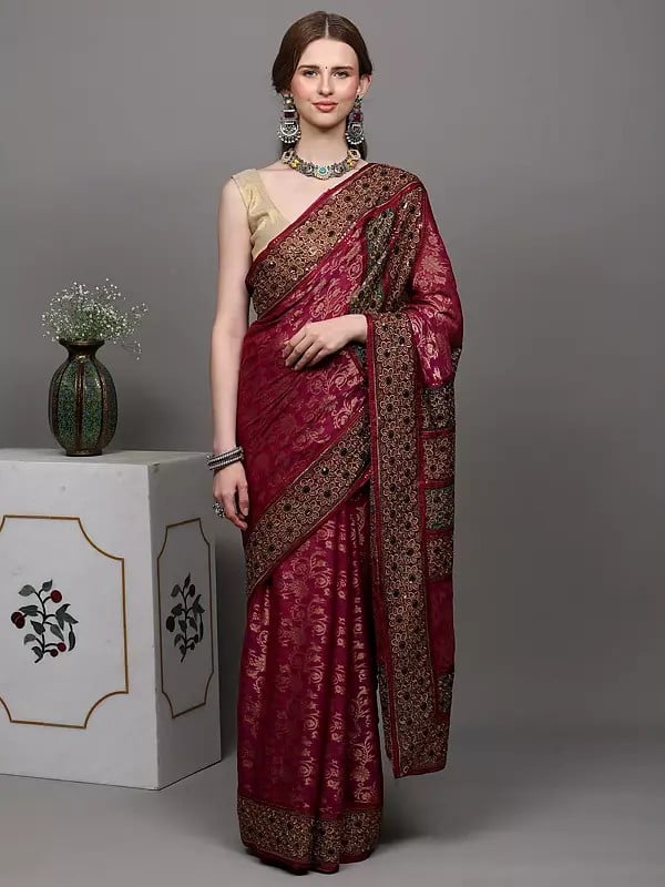 Festival-Fuchsia Designer Saree with Heavy Thread-Sequins Embroidered Flowers and Zari Work