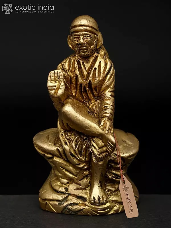 3'' Small Sai Baba Seated on Rock | Brass Statue
