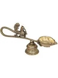 9" Handheld Peacock Aarti with Attached Bell as Stand in Brass | Handmade | Made in India