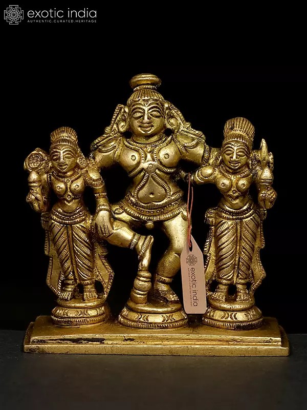 3" Lord Krishna Idol with Rukmini and Satyabhama in Brass | Handmade | Made in India
