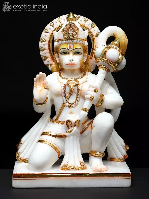 12" Ashirwad Anjaneya (Hanuman Ji) | Handmade | White Marble Hanuman Statue | Hanuman Statue Home Decor | Bajrangbali