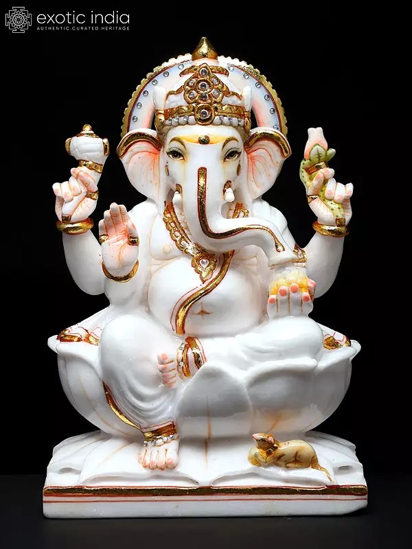 12" Lord Ganesha Seated on Lotus | Handmade | White Marble Ganesh Statue | Ganpati Statue | Ganesh Sculpture | Ganesh Murti | Vinayak