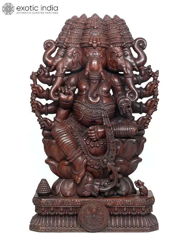 Huge Wooden Pancha-Mukhi Lord Ganesha Sculpture