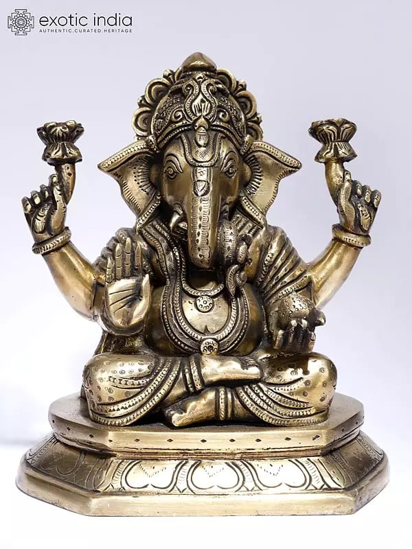 8" Chaturbhuja Blessing Lord Ganesha | Brass Statue