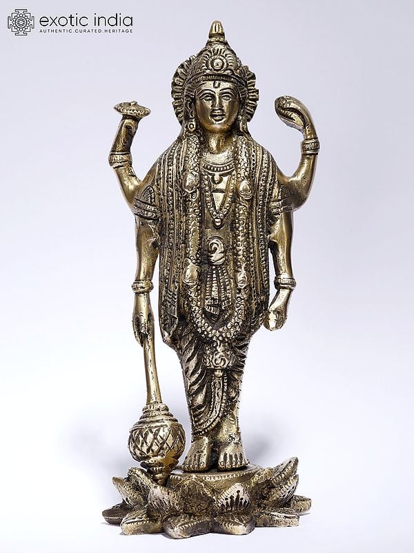 8" Four Armed Standing Lord Vishnu | Brass Statue
