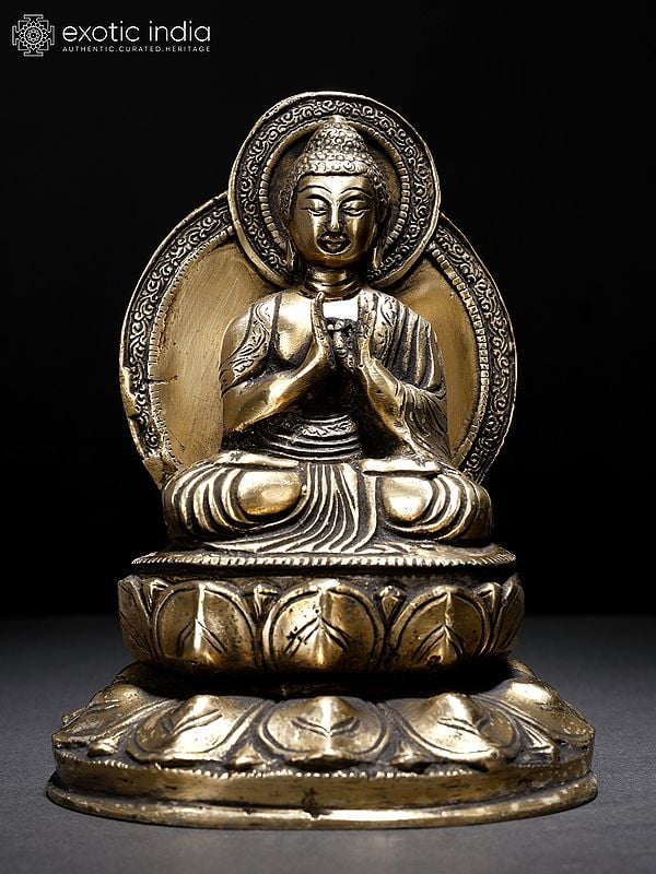 7" Lord Buddha Seated on Lotus Pedestal in Dharmachakra Mudra | Brass Statue