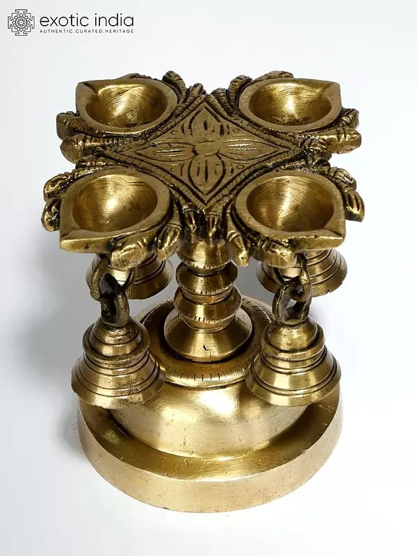 4" Designer Brass Four Wicks Lamp with Bells