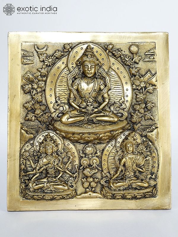 7" Tibetan Buddhist Deity - Usnisavijaya, Buddha and Tara | Brass Frame Wall Decor