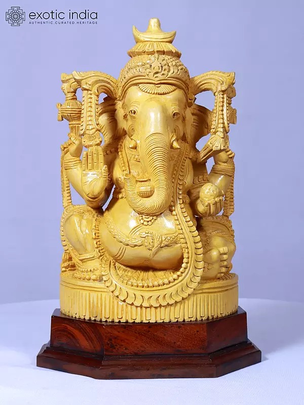 14" Lord Ganesha Seated On Pedstal Statue | Handmade | Wooden Sculpture