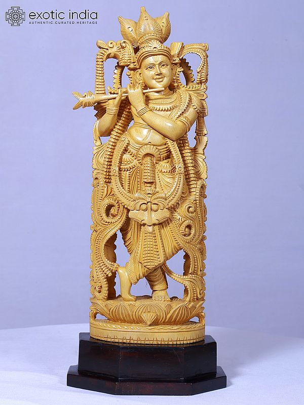 21" Ajanta Krishna Playing Flute Standing Statue | Handmade Idol | Wooden Sculpture