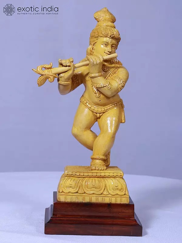 12" Bal Krishna Playing Flute Statue | Handmade Idol | Wooden Sculpture