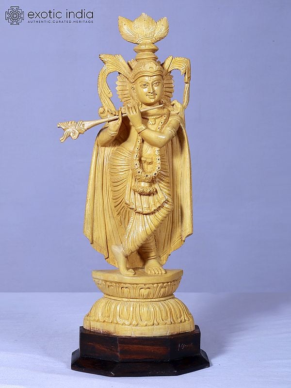 20" Lord Krishna Standing On Pedstal Wooden statue | Handmade Krishna Sculpture