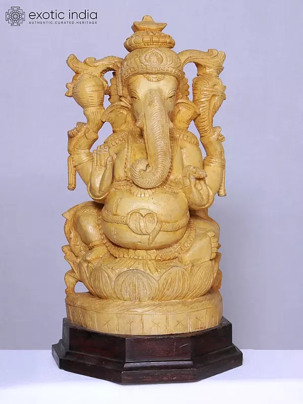 13" Lord Ganesha White Wood Statue | Handmade | Wooden Ganesha Idol