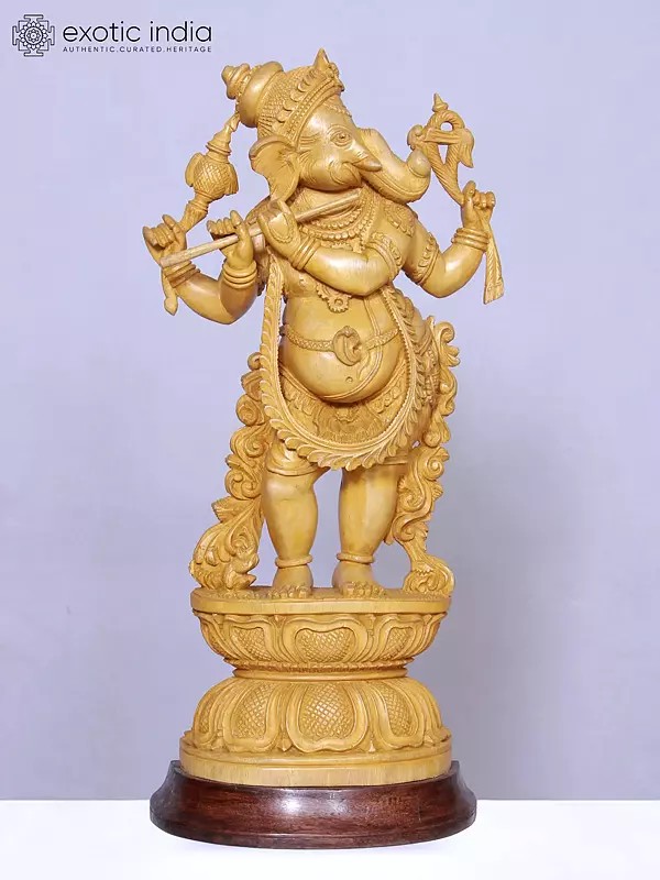 18" White Wood Ganesha Standing Statue | Handmade | Wooden Statue