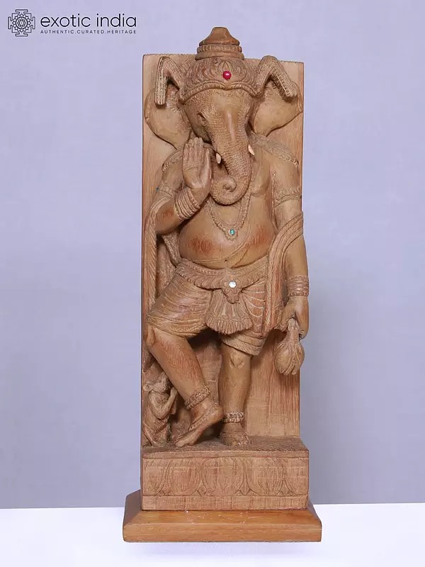 13" Lord Ganesha Wooden Sculpture | Handmade | Teak Wood Statue