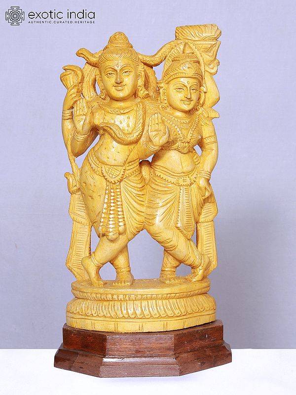 12" Shiva And Parvati White Wood Sculpture | Handmade | Wooden Statue