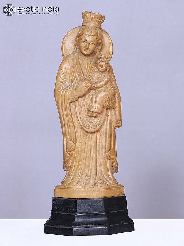 10" Mother Mary With Baby Jesus | Handmade | Wooden Statue