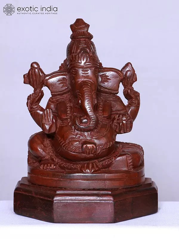 8" Seated Wooden Ganesha | Handmade | Wooden Sculpture | Statue For Temple