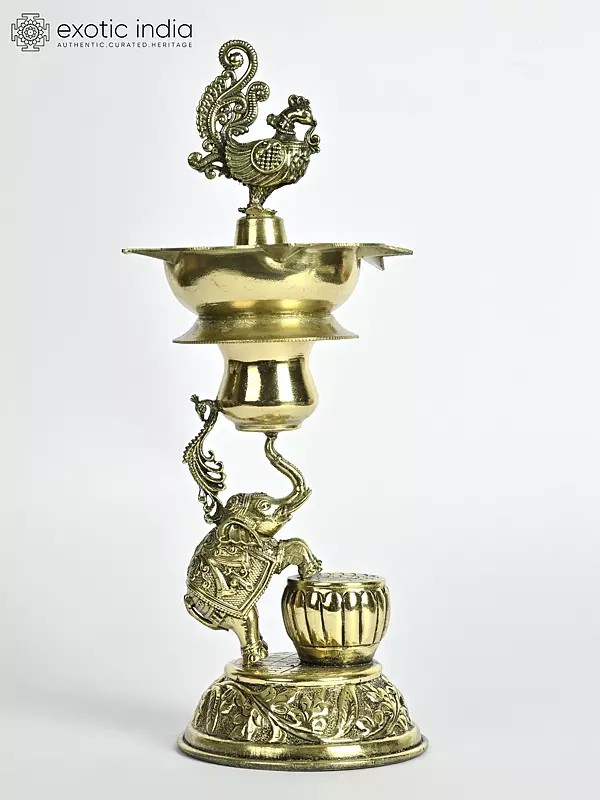 8" Designer Brass Peacock Lamp with Elephant