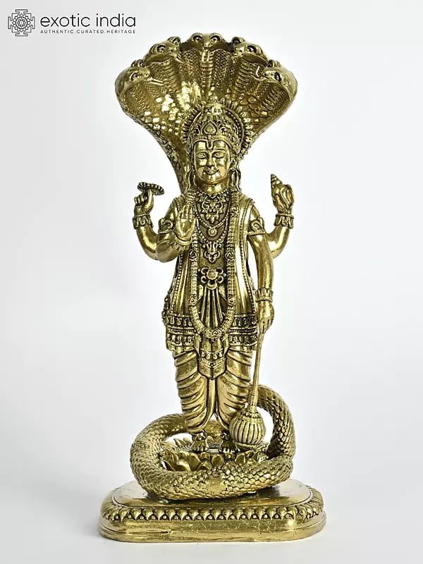 7" Superfine Standing Lord Vishnu Brass Statue Under Sheshnag