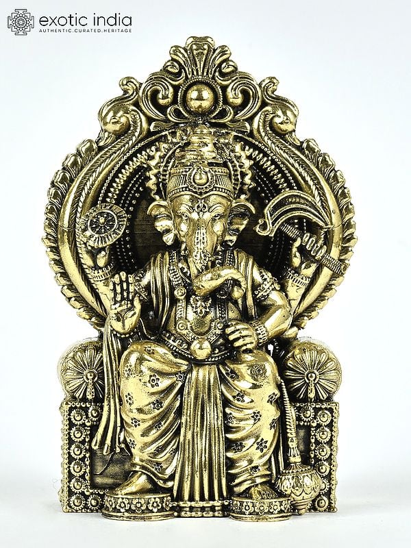 3" Small Superfine Blessing Lord Ganapati Seated on Throne | Brass Statue