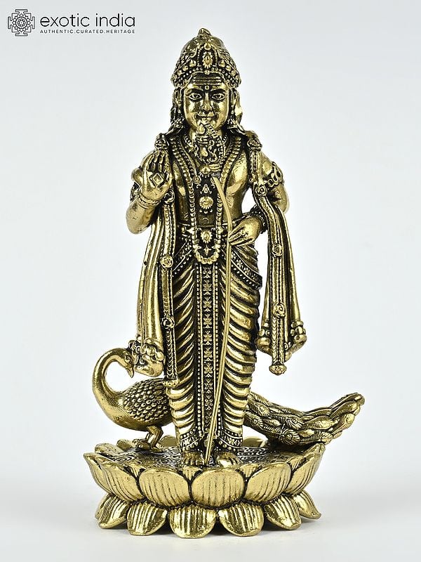 4" Small Superfine Standing Lord Karttikeya with Peacock | Brass Statue