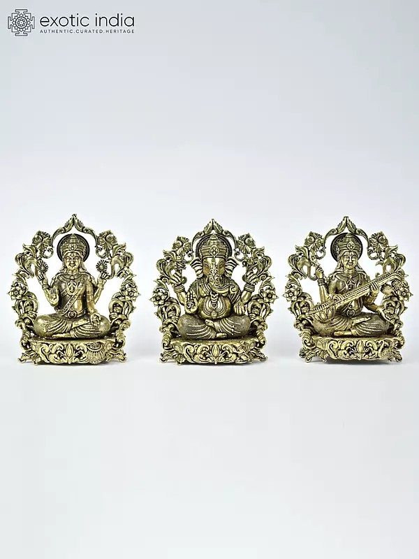 4" Small Superfine Lakshmi Ganesha Saraswati Brass Statues with Floral Prabhavali