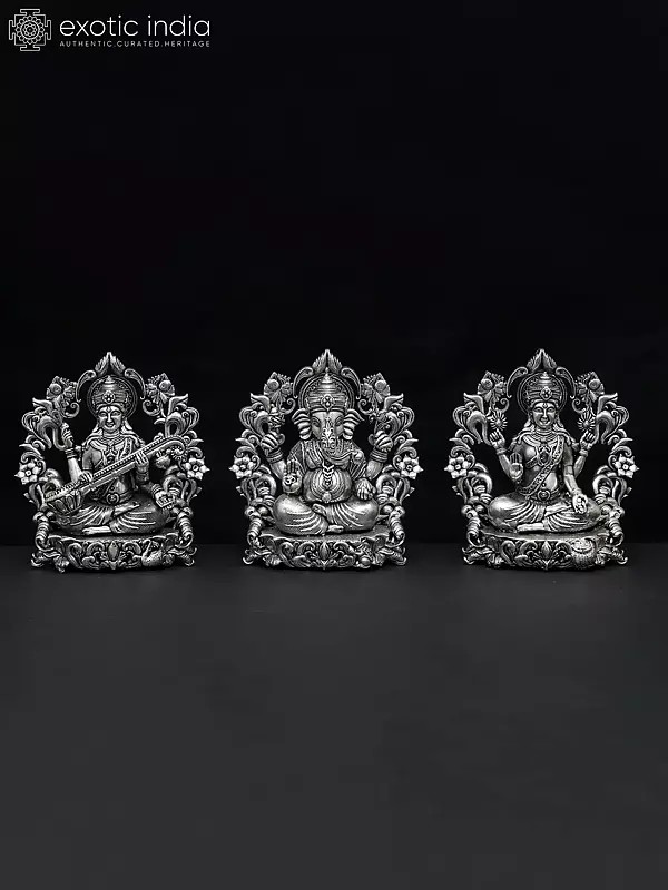4" Small Superfine Lakshmi Ganesha Saraswati Brass Statues with Floral Prabhavali