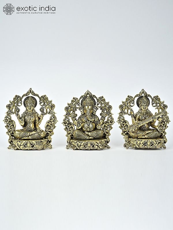 4" Small Superfine Lakshmi Ganesha Saraswati with Floral Prabhavali | Brass Statues