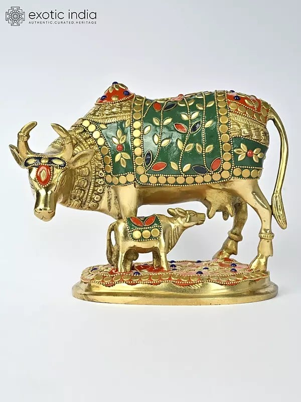 8" Brass Cow and Calf with Inlay Work